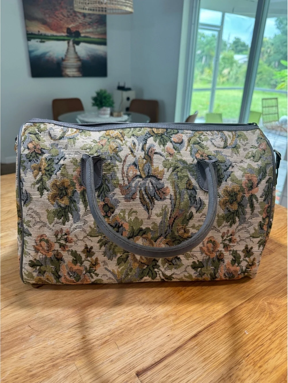 Jordache Floral Tapestry Weekender Bag with Gray Leather Handles